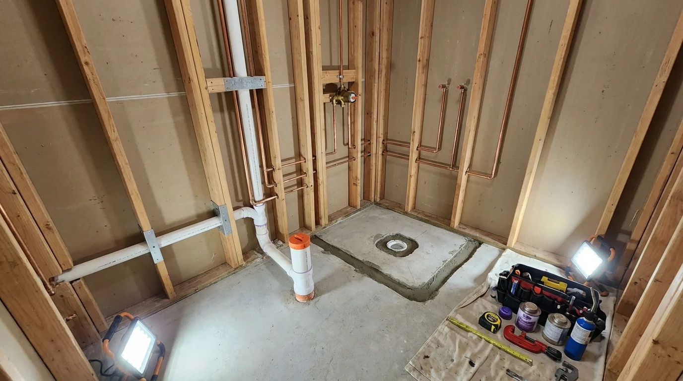 Bathroom rough-in plumbing during remodel by Johns Plumbing LLC in La Jolla