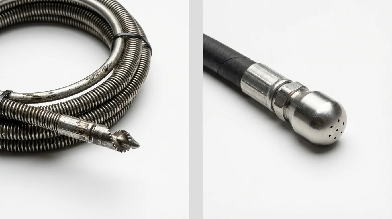 Drain snake cable and hydro jetting nozzle used for drain cleaning in La Jolla, CA