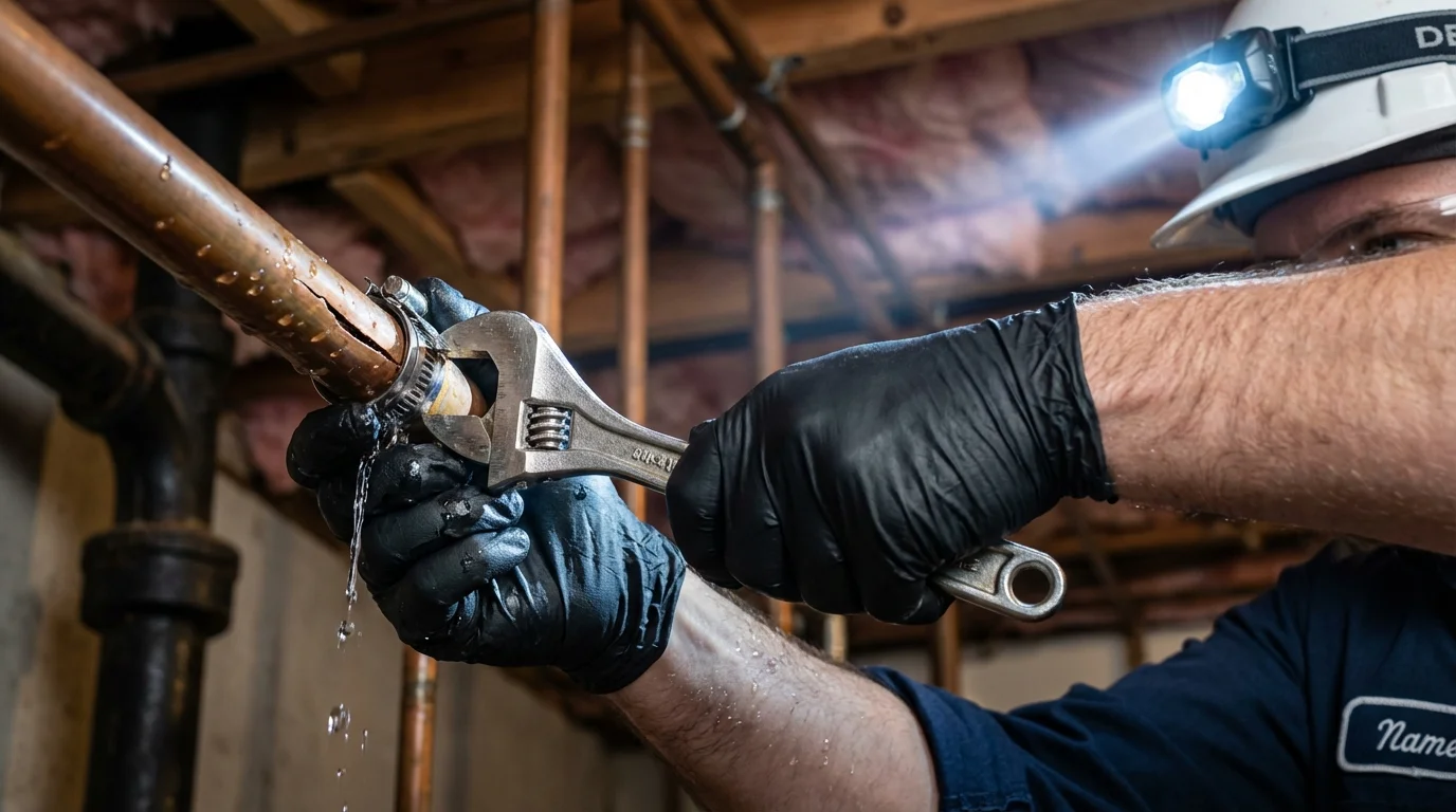 Emergency pipe clamp repair being performed by a Johns Plumbing LLC plumber in La Jolla