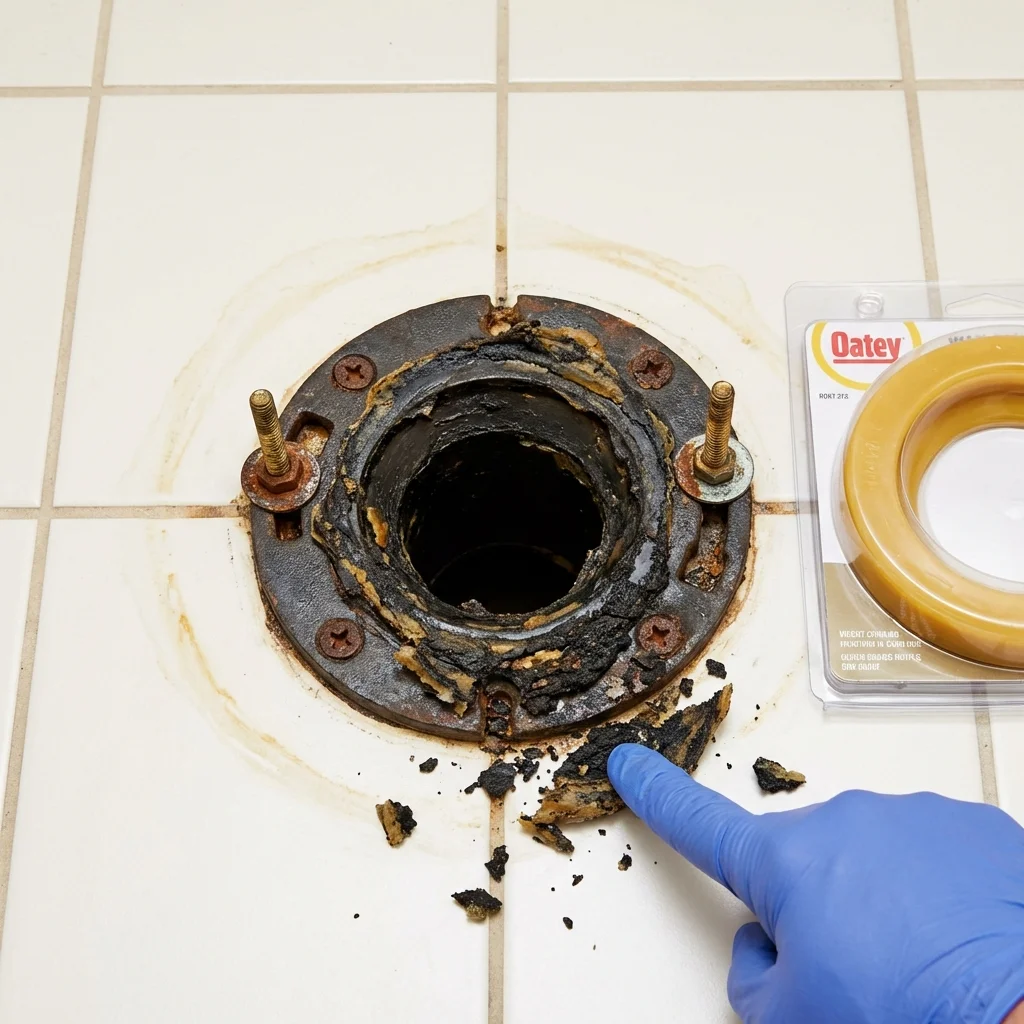 Failed wax ring showing water seepage at the base of a toilet in a La Jolla, CA home